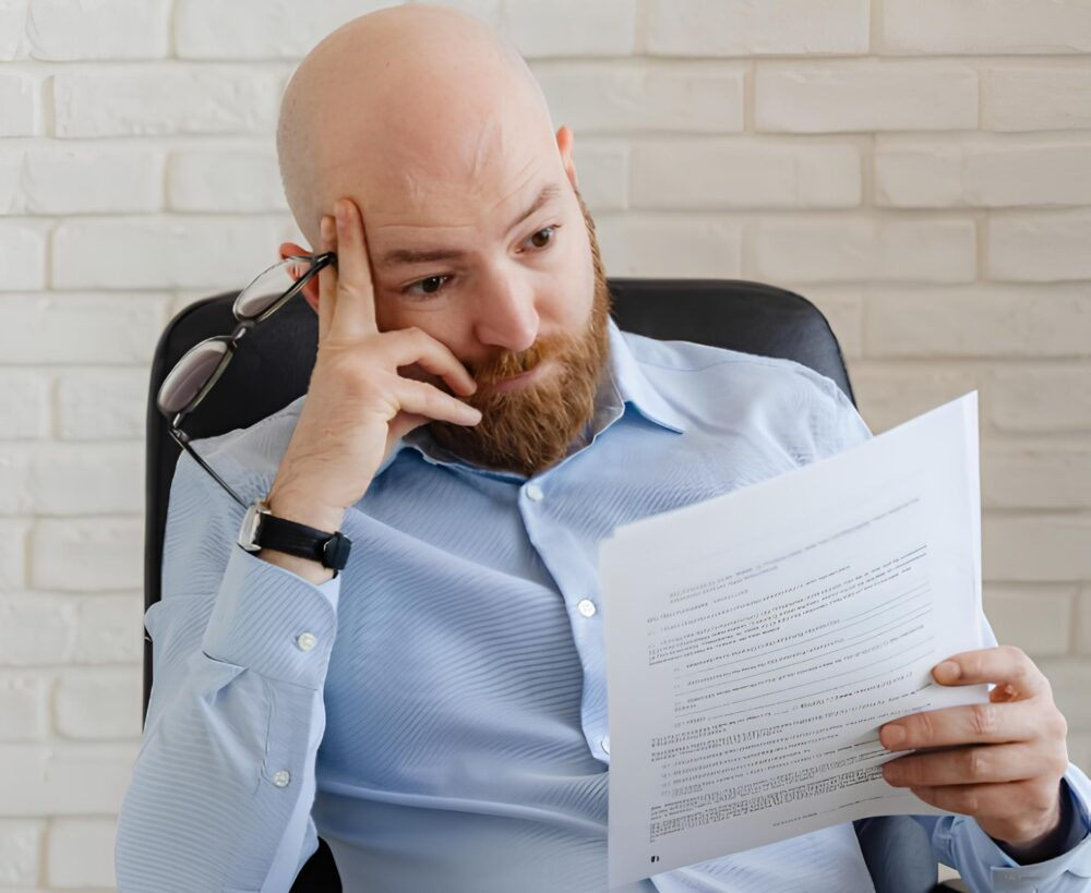 Homem analisando contrato com preocupação